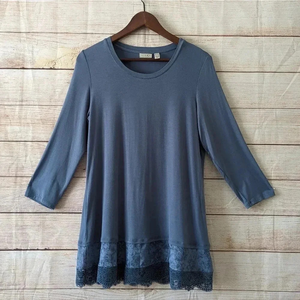 LOGO By Lori Goldstein Size Small Scoop Neck Lace Trim Hem Tunic Top Blouse Blue